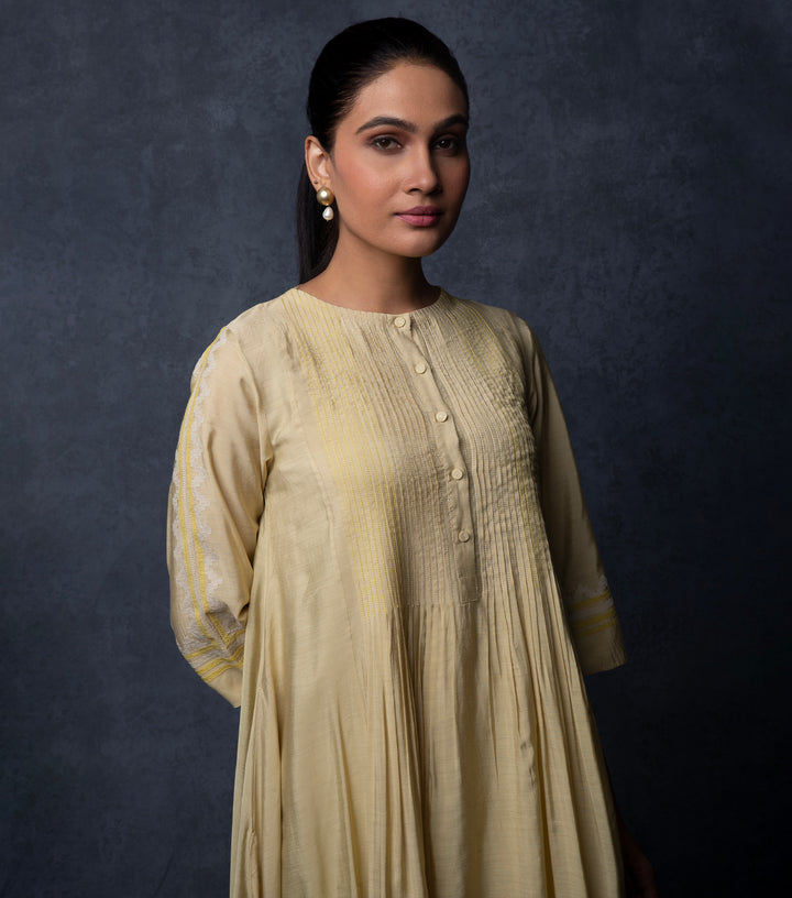 Beige Patch Work Embroidered Chanderi Kurta & Palazzo Pants set