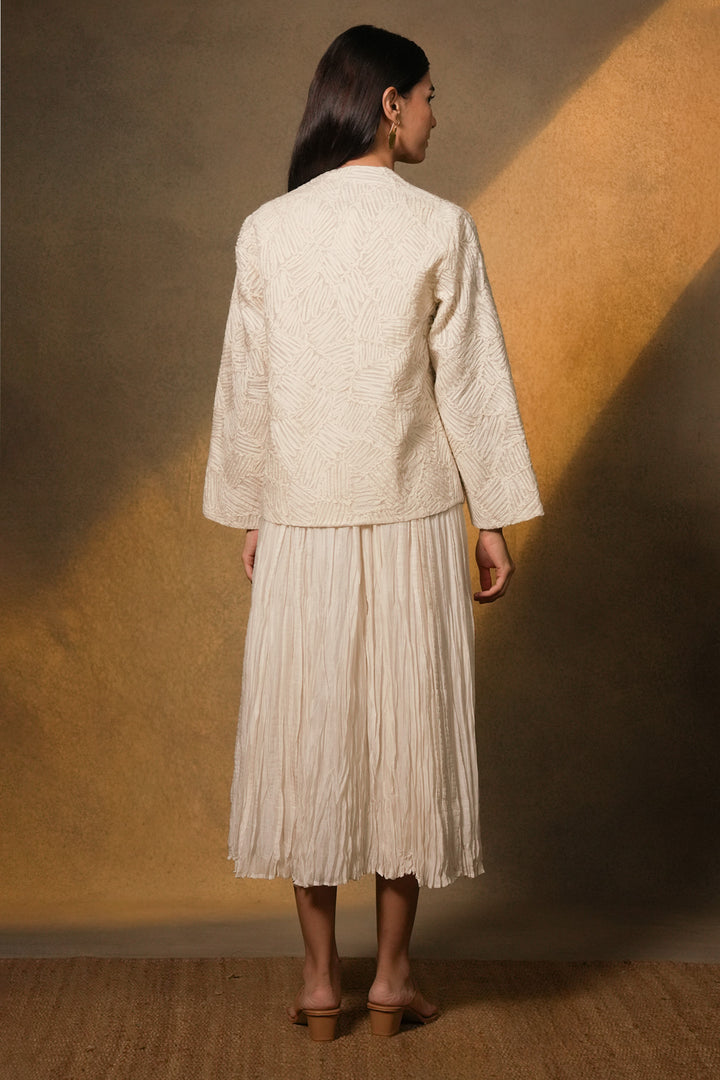 Natural Crinkled Chanderi Dress with Textured Embroidered Jacket
