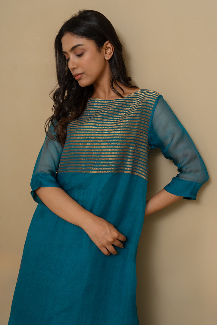 Teal Gold Organza Kurta