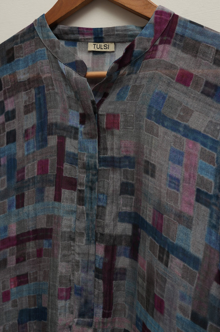 Blue Multicolour Printed Chanderi Kaftan With Slip