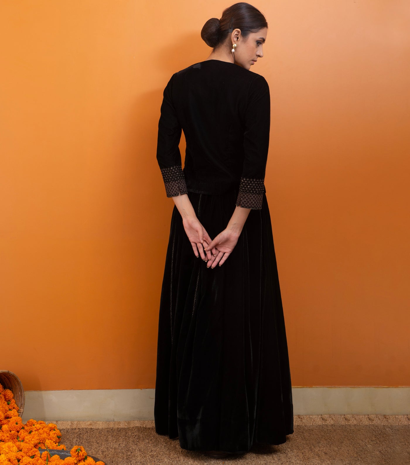 Black Zari Embroidered Velvet Skirt
