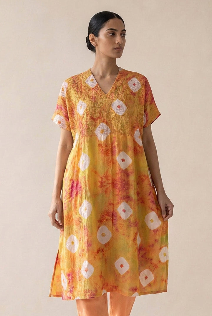 Golden Bandhani Chanderi Dress