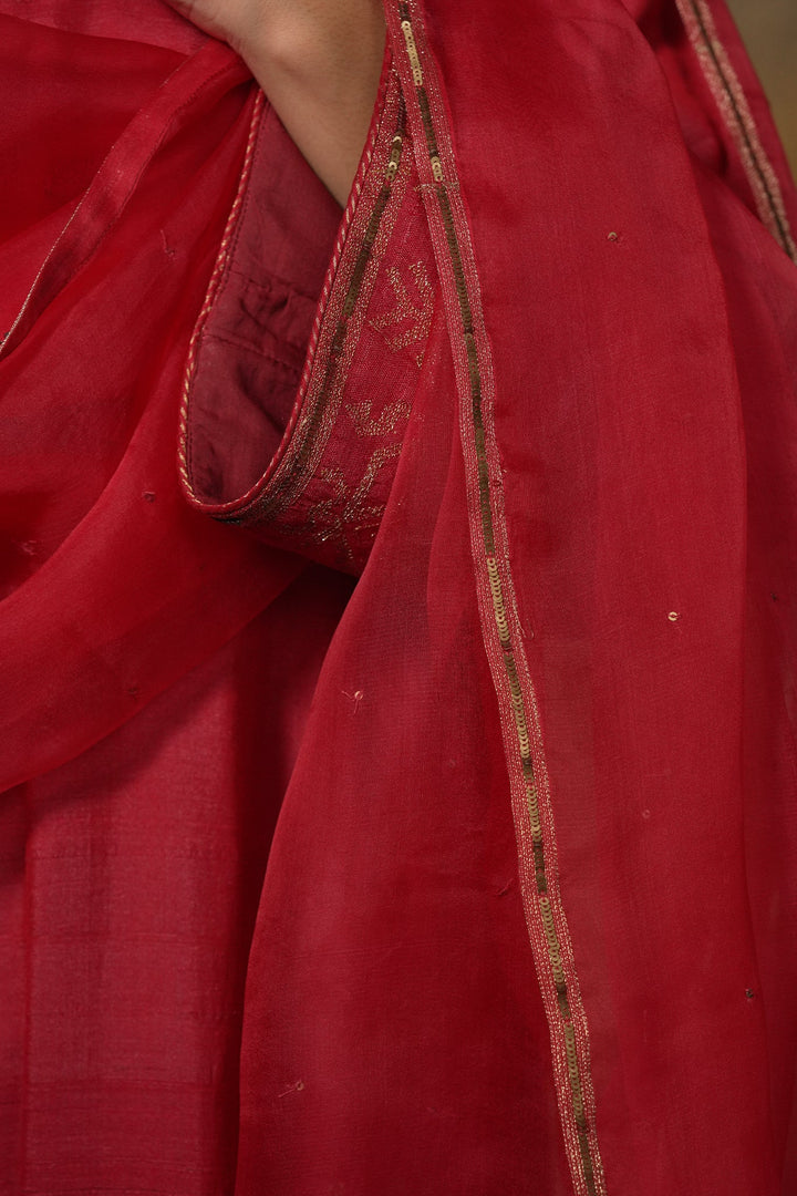 Hot Pink Hand Embroidered Organza Dupatta