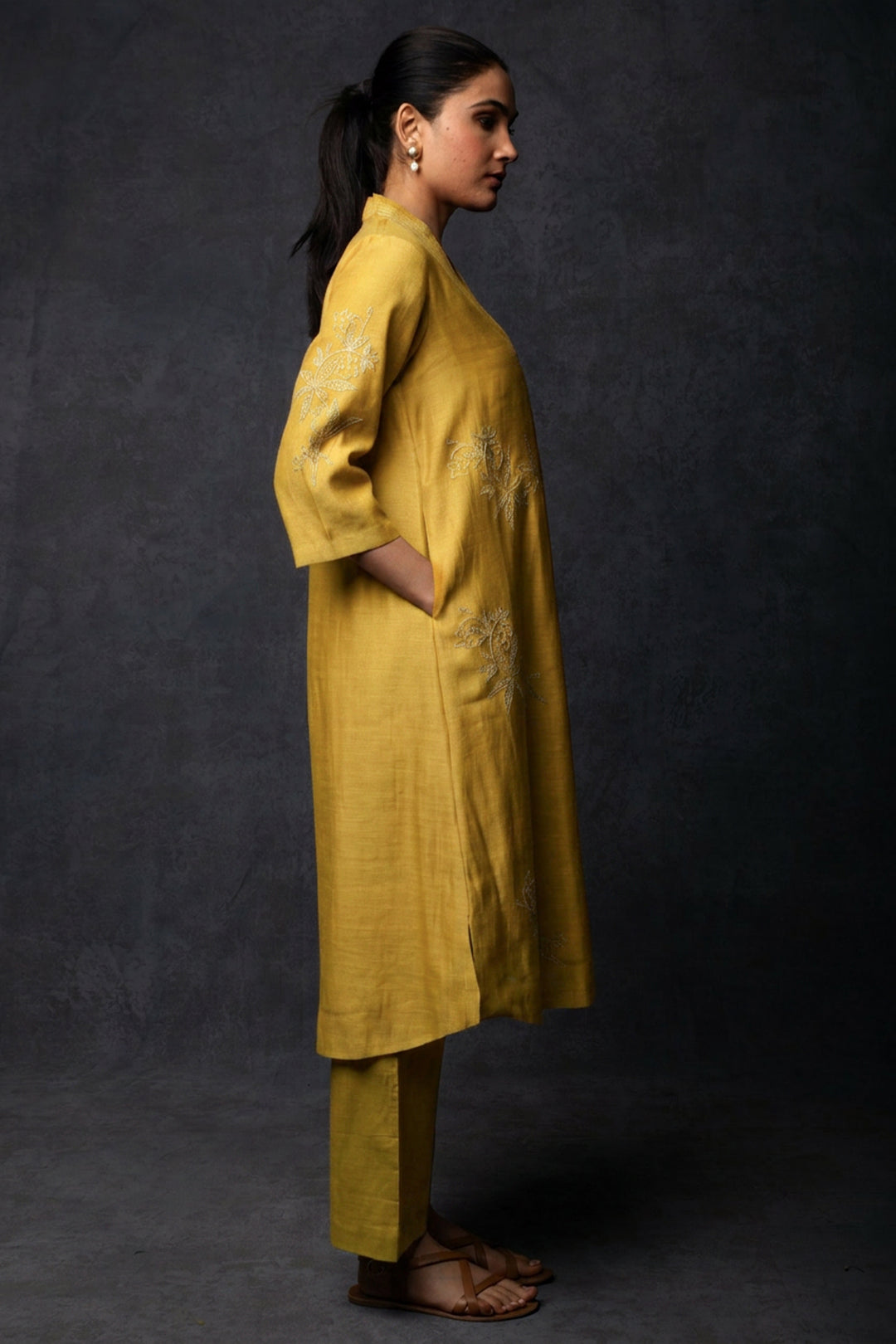Mustard Embroidered Chanderi Suit Set