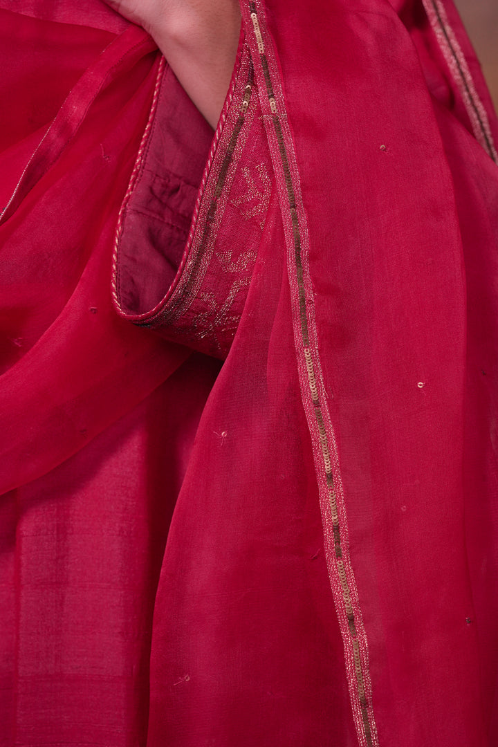 Hot Pink Hand Embroidered Silk Kurta with Organza Dupatta