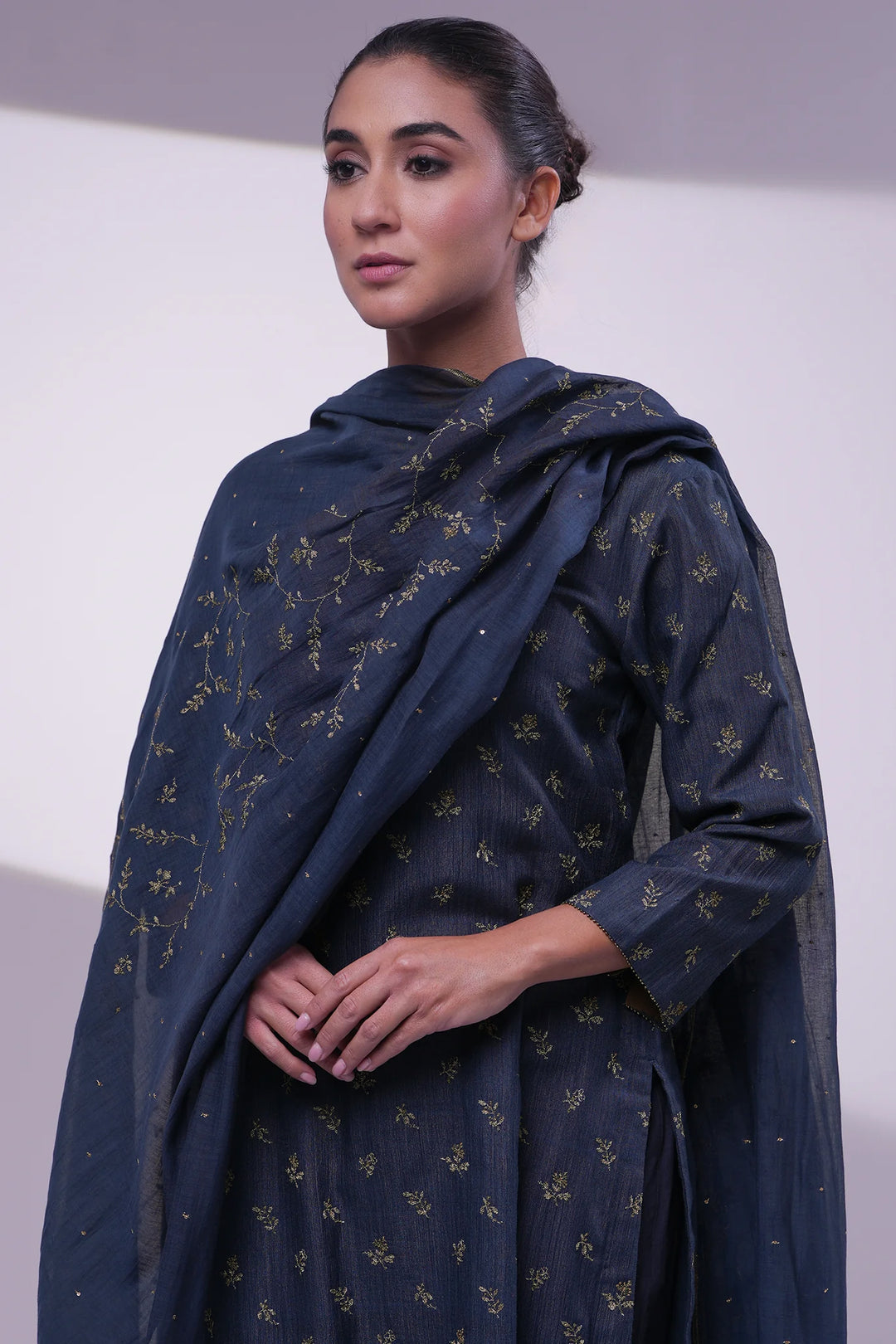 Navy Cotton Silk Embroidered Kurta Set
