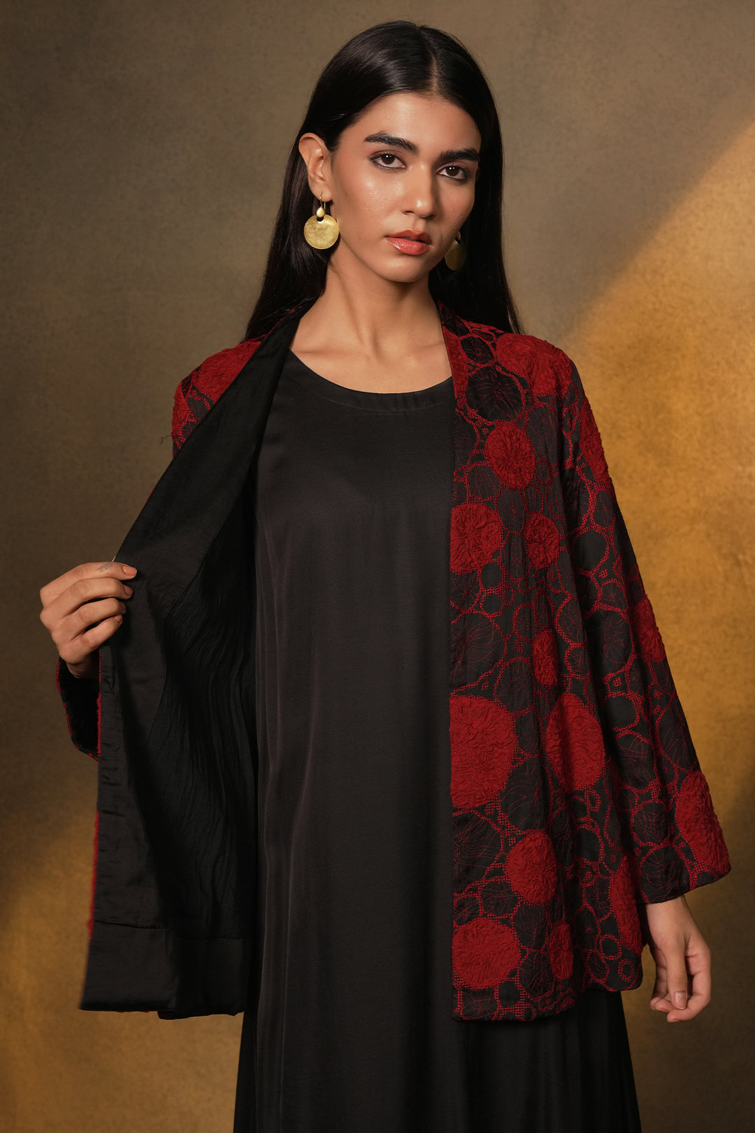 Black Cotton Dress with Patch Embroidered Cotton Silk Jacket