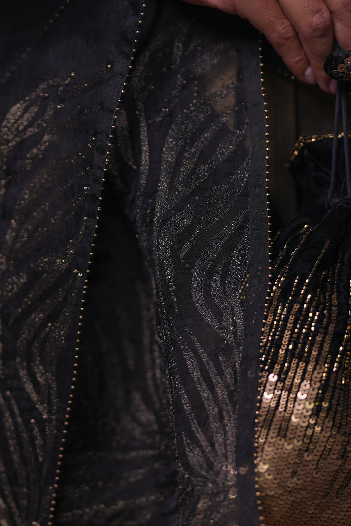 Black Tissue Kurta with Pants and Hand Embroidered Dupatta
