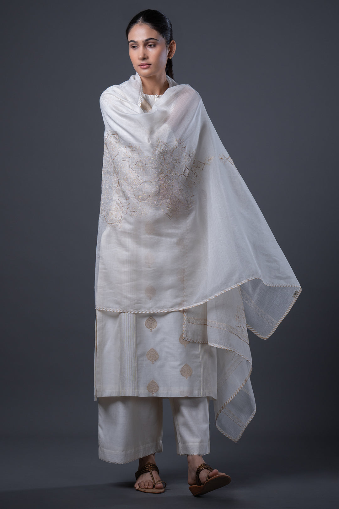 Natural Hand Embroidered Banarsi Chanderi Kurta