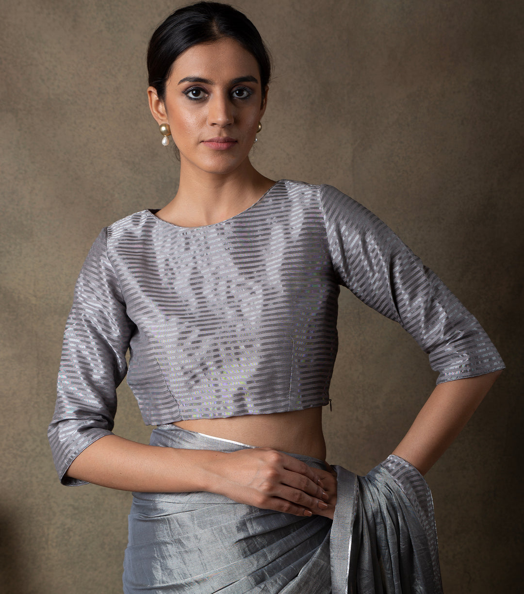 Grey Silver Striped Tissue Blouse – Tulsi Online - Main Image