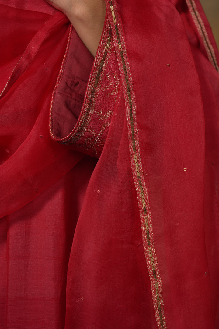 Hot Pink Hand Embroidered Silk Kurta with Organza Dupatta