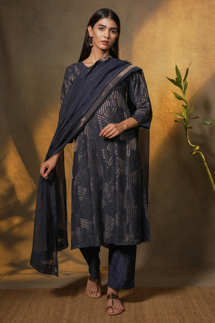 Navy Embroidered Cotton Silk Kurta with Pants and Dupatta