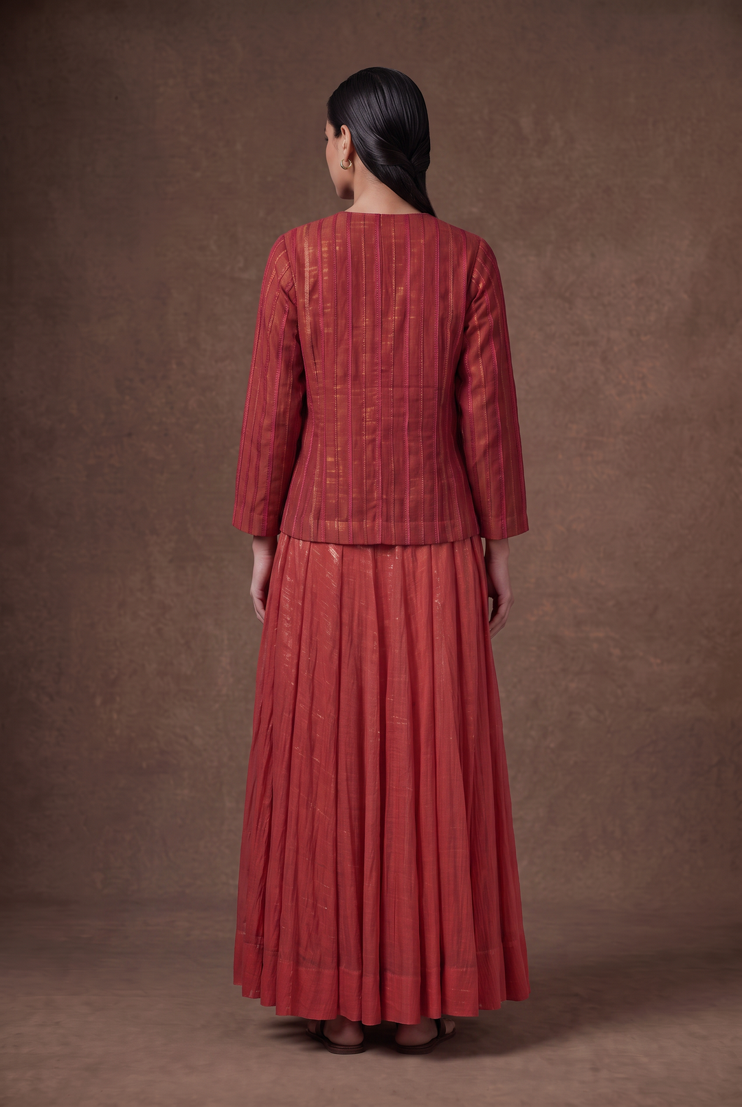 Coral Hand-Embroidered Tissue Lehenga Set