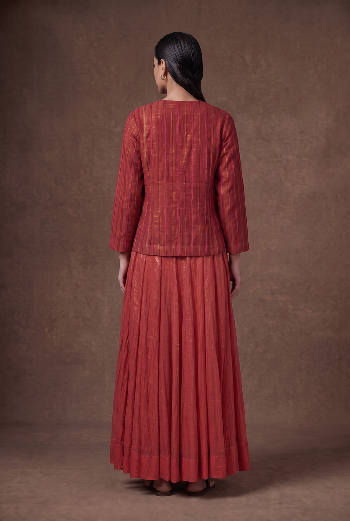 Coral Hand-Embroidered Tissue Lehenga Set