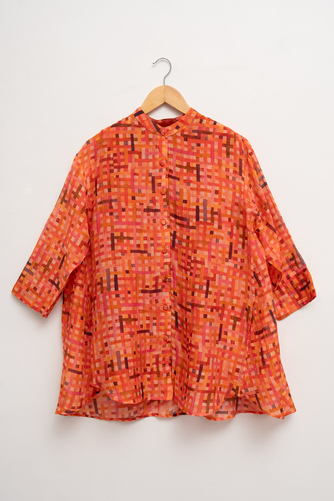 Orange Printed Chanderi Oversized Shirt