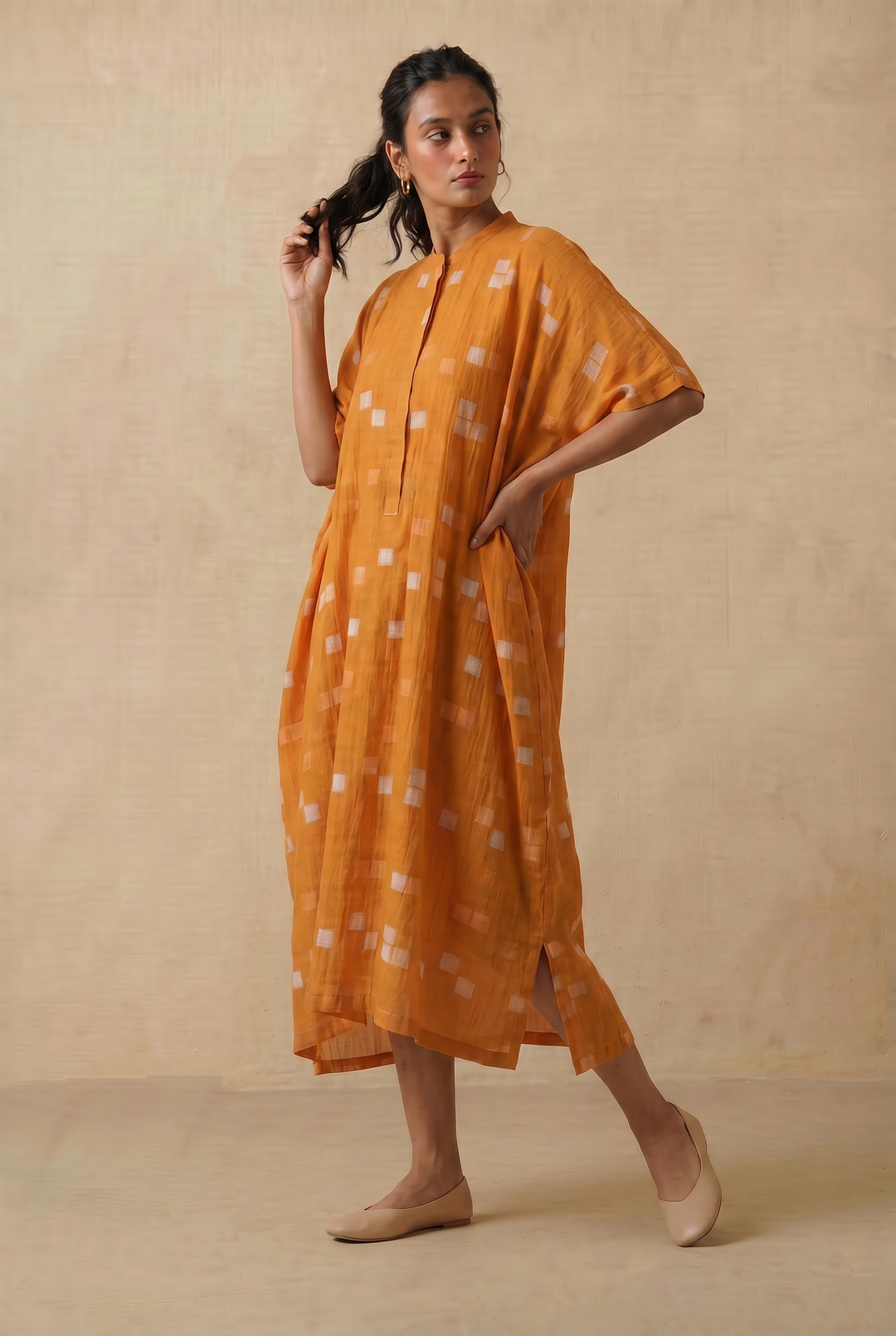 Mustard Printed Chanderi Kaftan With Slip