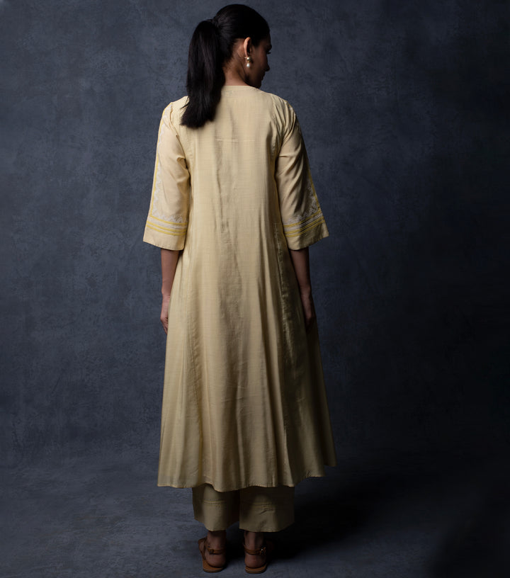 Beige Patch Work Embroidered Chanderi Kurta & Palazzo Pants set