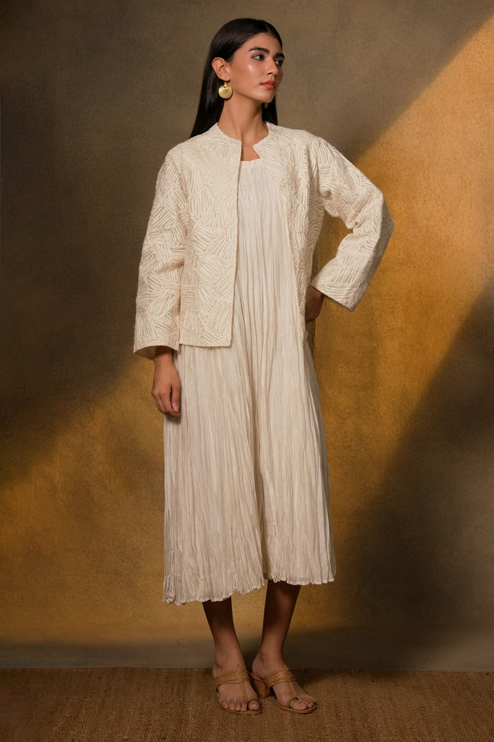 Natural Crinkled Chanderi Dress with Textured Embroidered Jacket