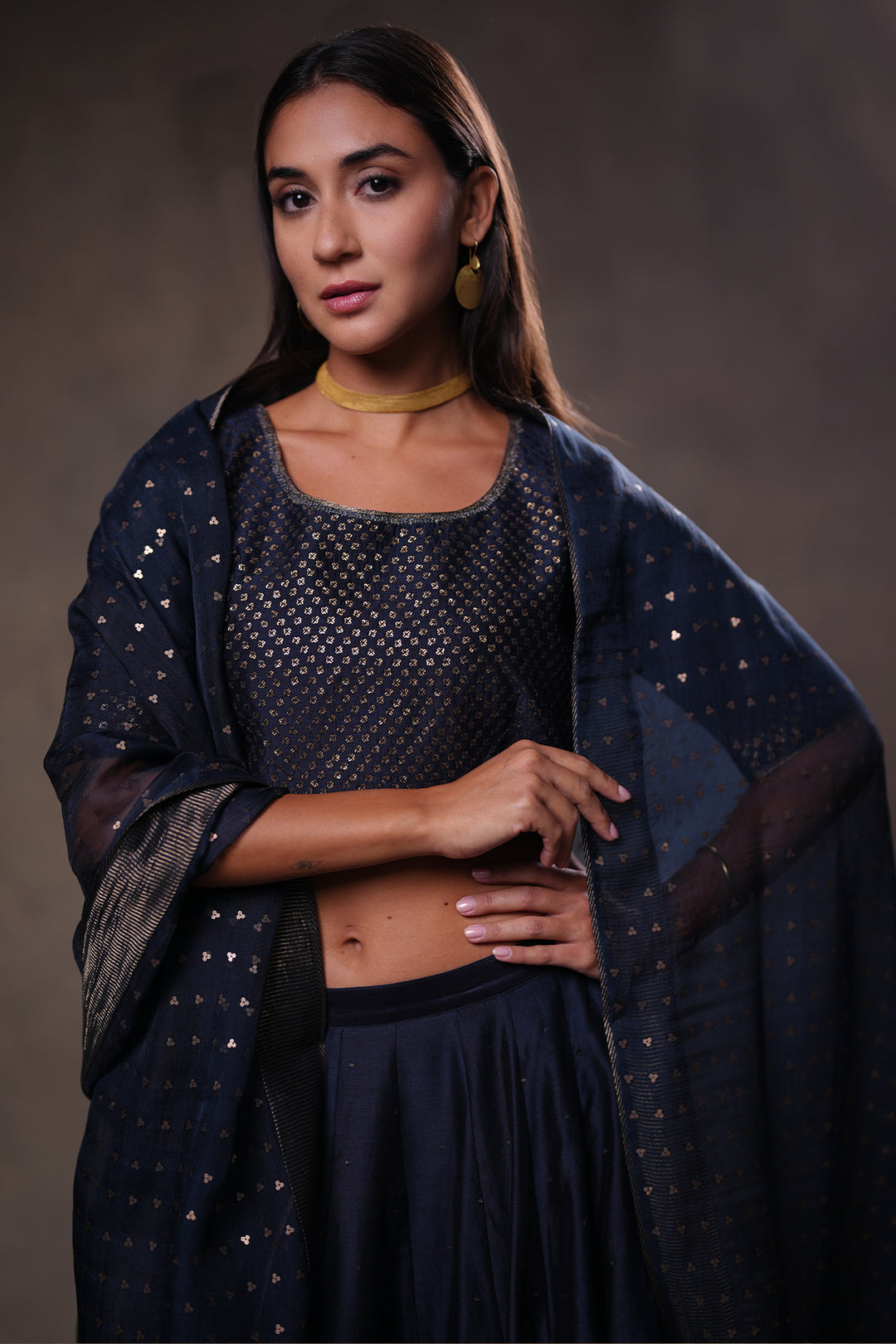 Navy Hand Embroidered Chanderi Lehenga Set with Blouse & Dupatta