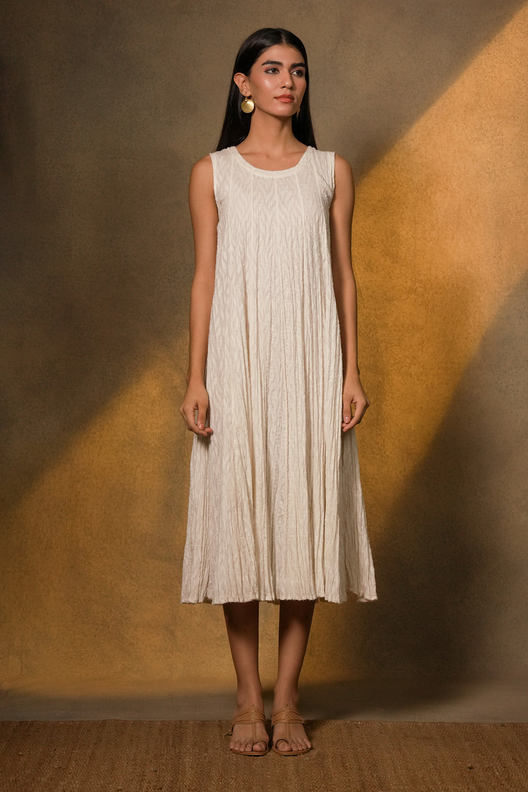 Natural Crinkled Chanderi Dress with Textured Embroidered Jacket