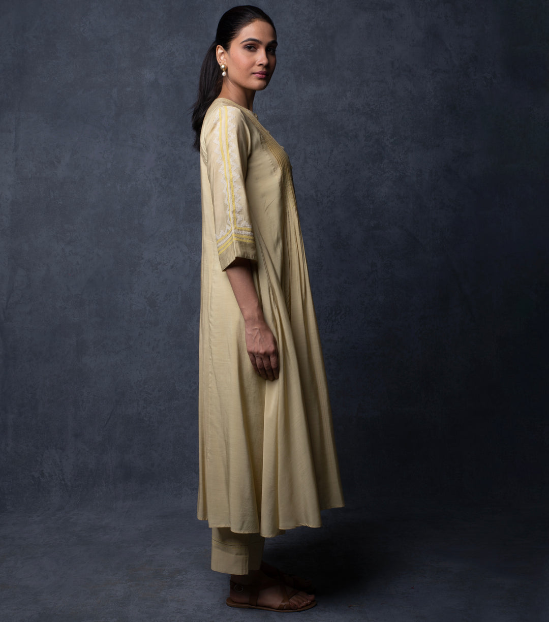 Beige Patch Work Embroidered Chanderi Kurta & Palazzo Pants set