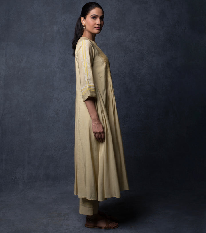 Beige Patch Work Embroidered Chanderi Kurta & Palazzo Pants set