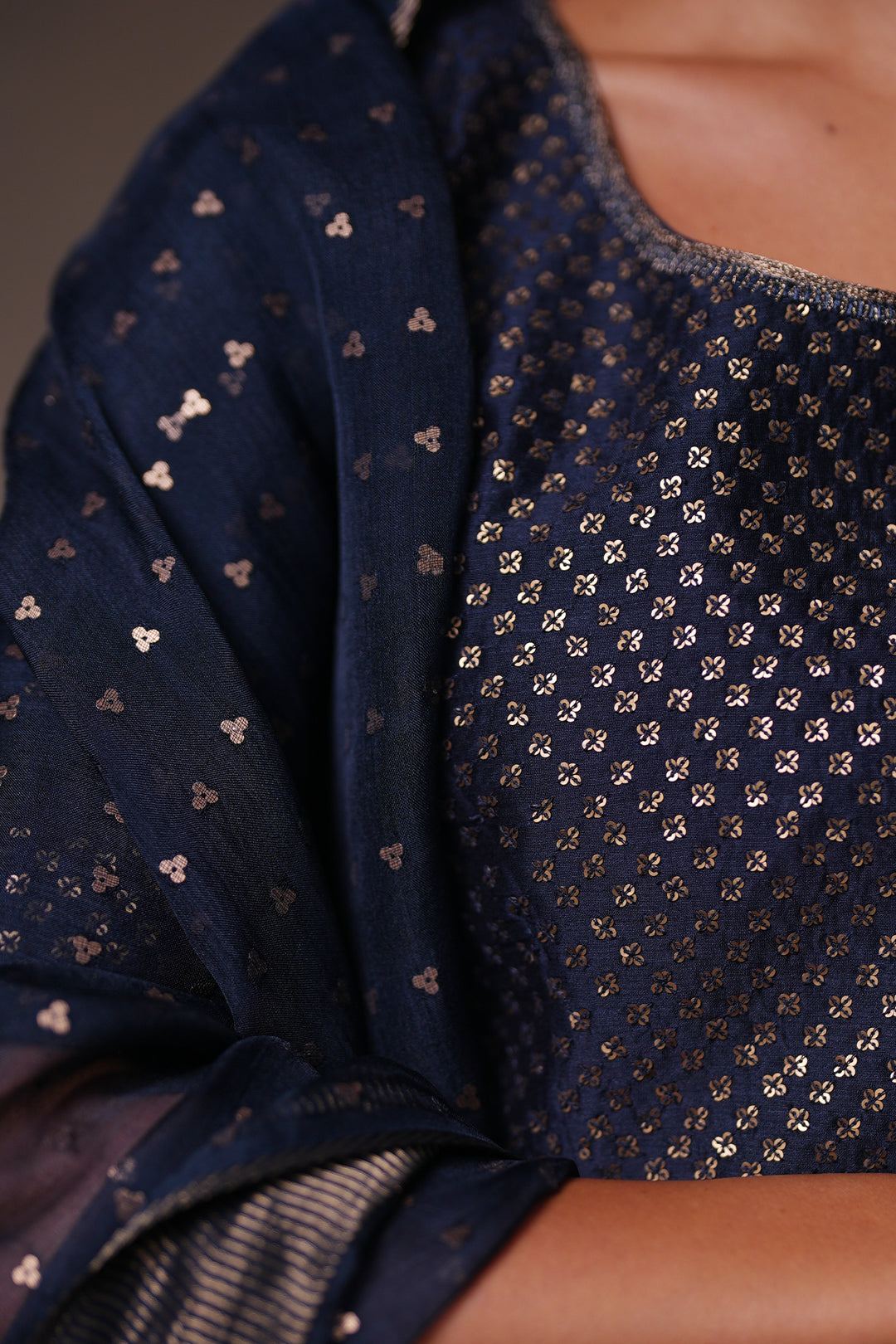 Navy Hand Embroidered Chanderi Lehenga Set with Blouse & Dupatta