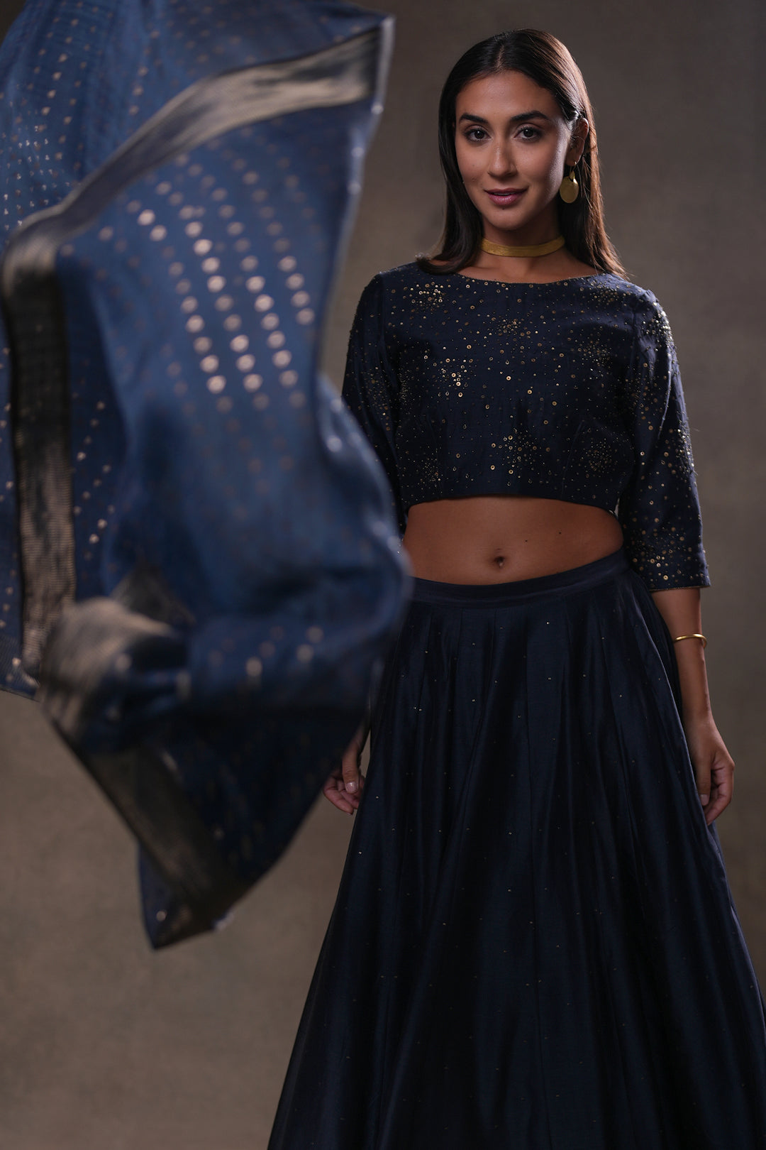 Navy Hand Embroidered Chanderi Lehenga Set with Blouse & Dupatta
