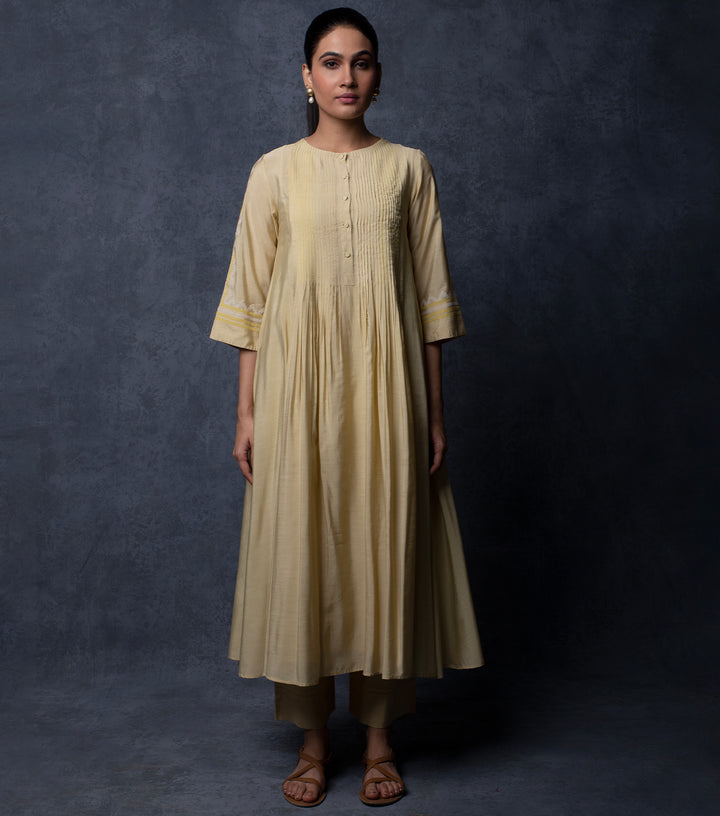 Beige Patch Work Embroidered Chanderi Kurta & Palazzo Pants set