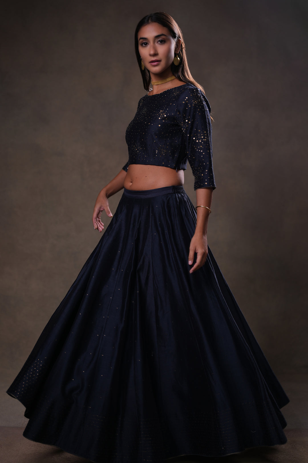 Navy Hand Embroidered Chanderi Lehenga Set with Blouse & Dupatta