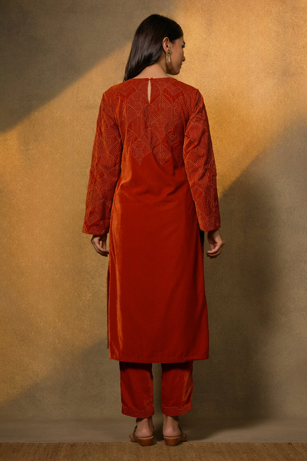 Orange Hand Embroidered Velvet Kurta with Pants and Organza Dupatta