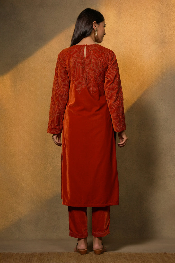 Orange Hand Embroidered Velvet Kurta with Pants and Organza Dupatta