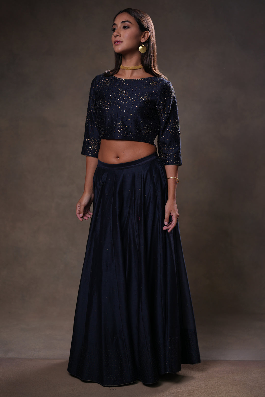 Navy Hand Embroidered Chanderi Lehenga Set with Blouse & Dupatta