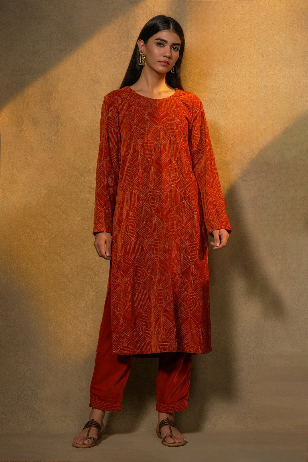 Orange Hand Embroidered Velvet Kurta with Pants and Organza Dupatta