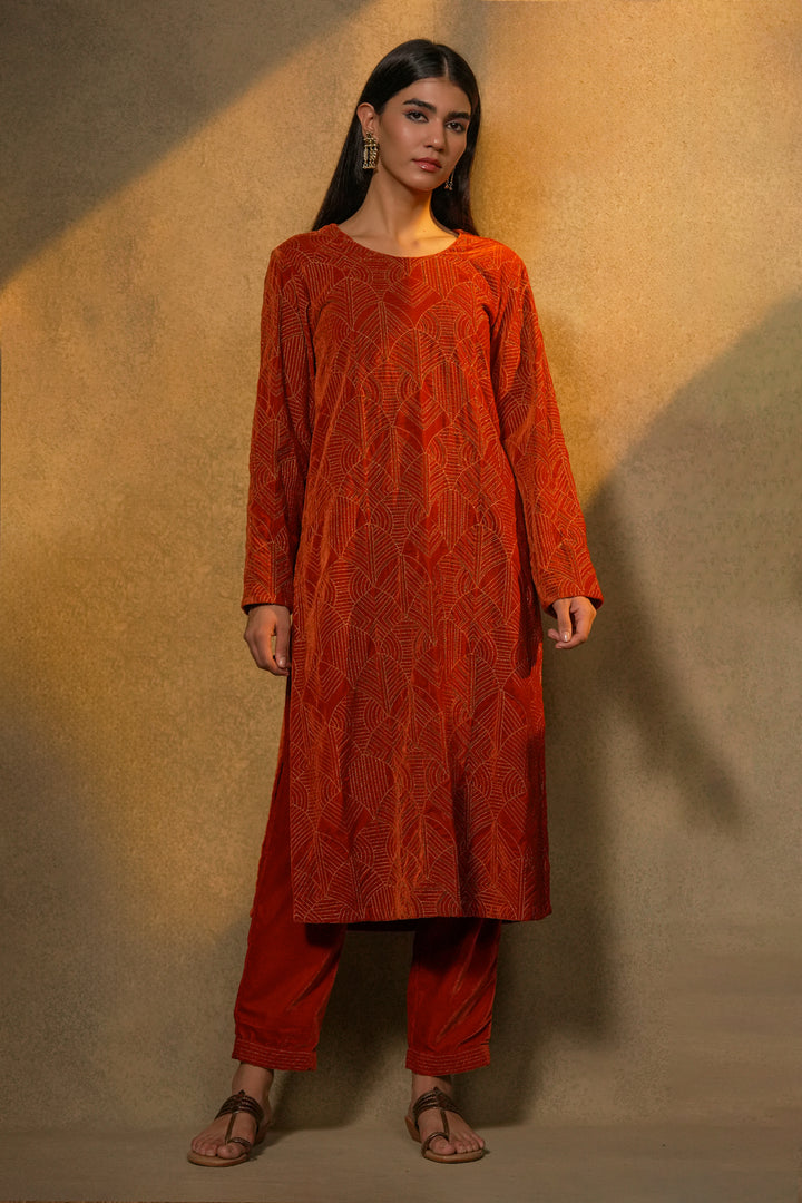 Orange Hand Embroidered Velvet Kurta with Pants and Organza Dupatta