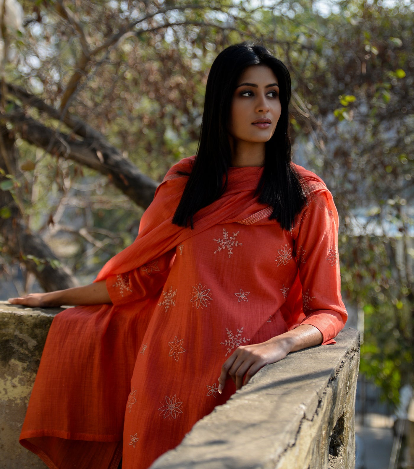 Deep Coral Embroidered Chanderi Suit Set