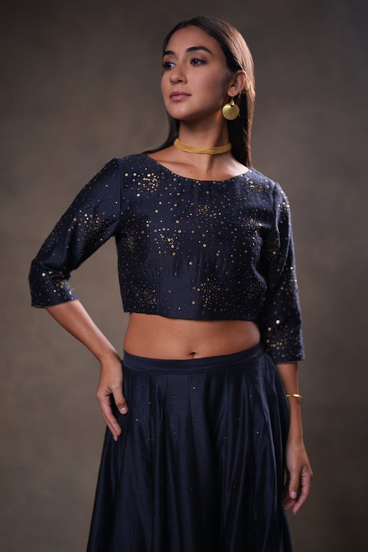 Navy Hand Embroidered Chanderi Lehenga Set with Blouse & Dupatta