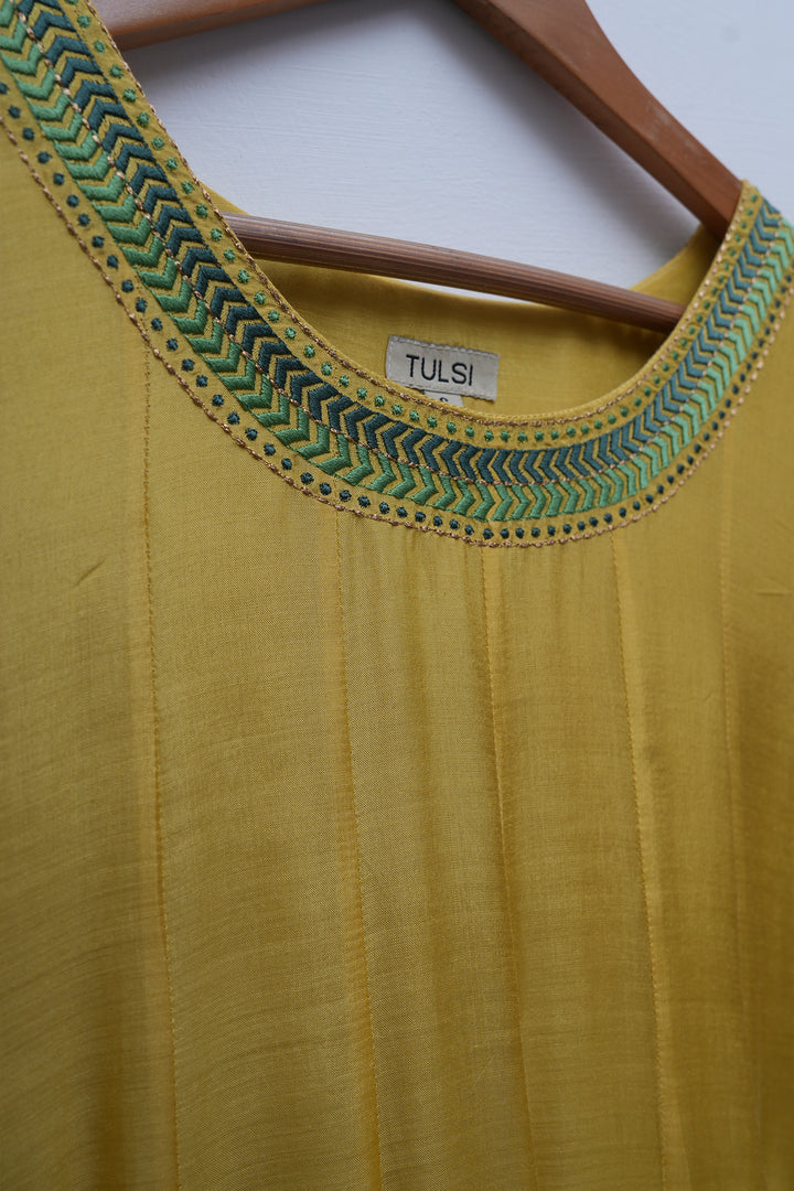 Mustard & Teal Embroidered Cotton Silk Kurta Set
