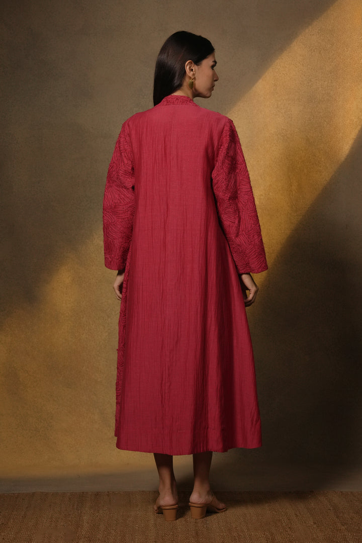 Magenta Embroidered Chanderi Cape with Slip