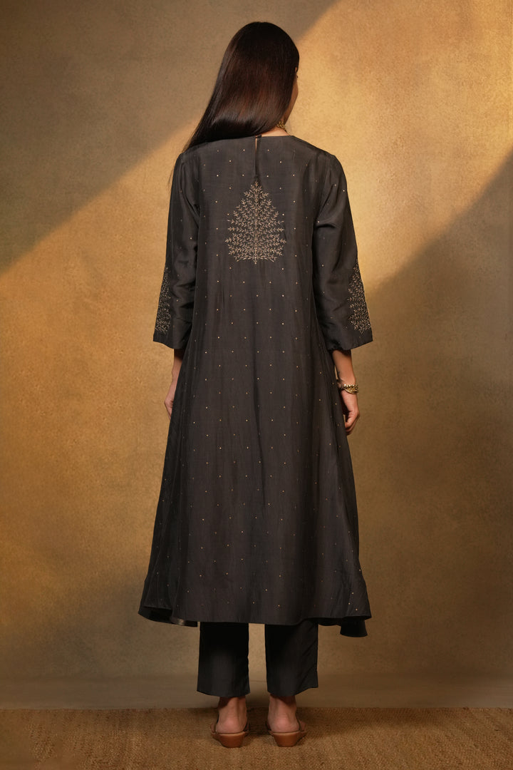 Charcoal Hand Embroidered Cotton Silk Kurta with Pants and Dupatta