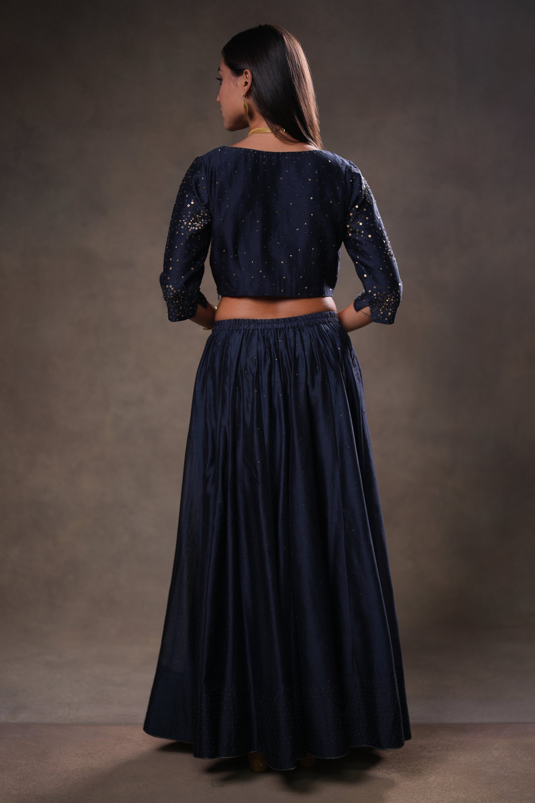 Navy Hand Embroidered Chanderi Lehenga Set with Blouse & Dupatta
