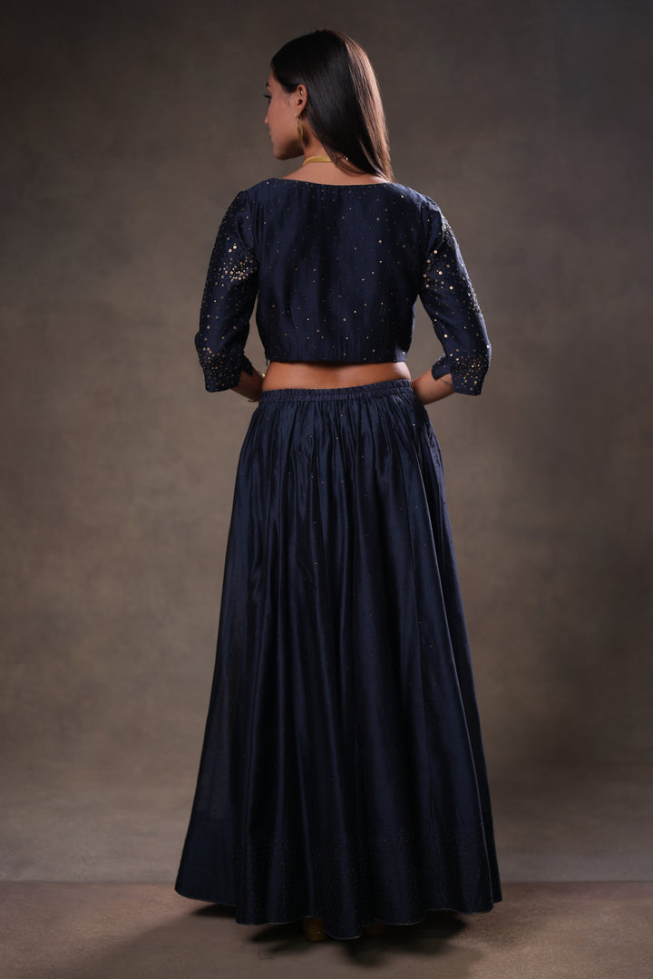 Navy Hand Embroidered Chanderi Lehenga Set with Blouse & Dupatta