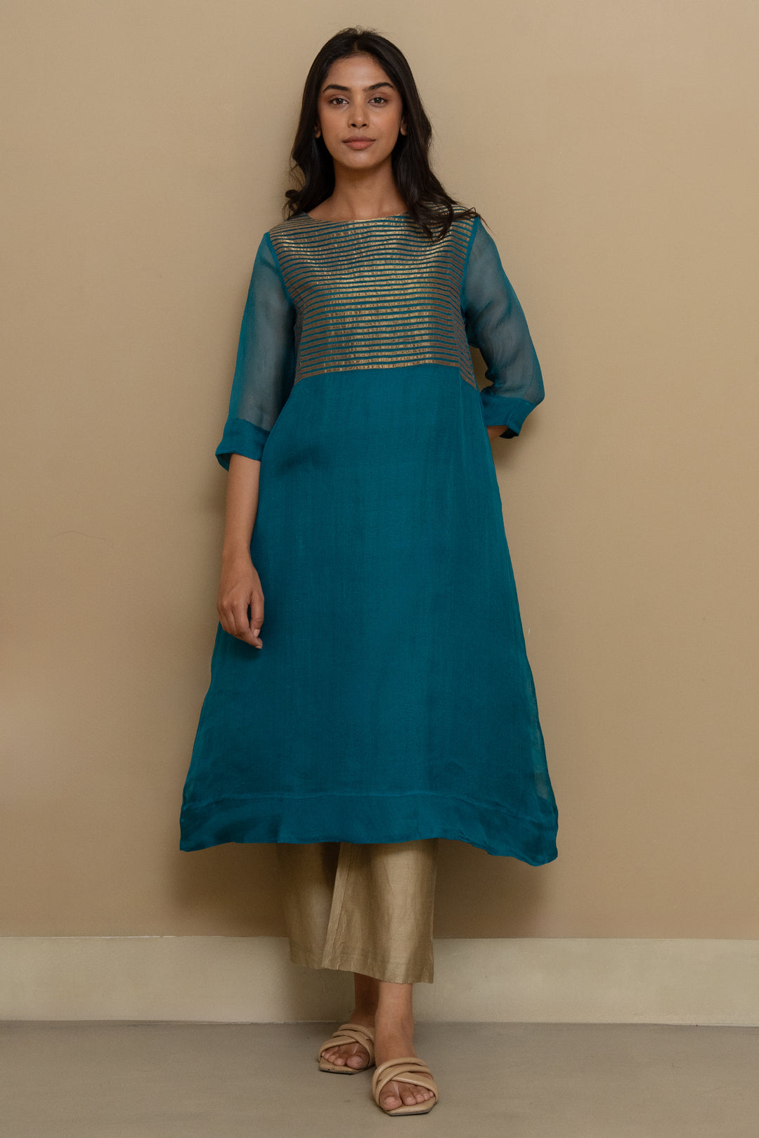 Teal Gold Organza Kurta