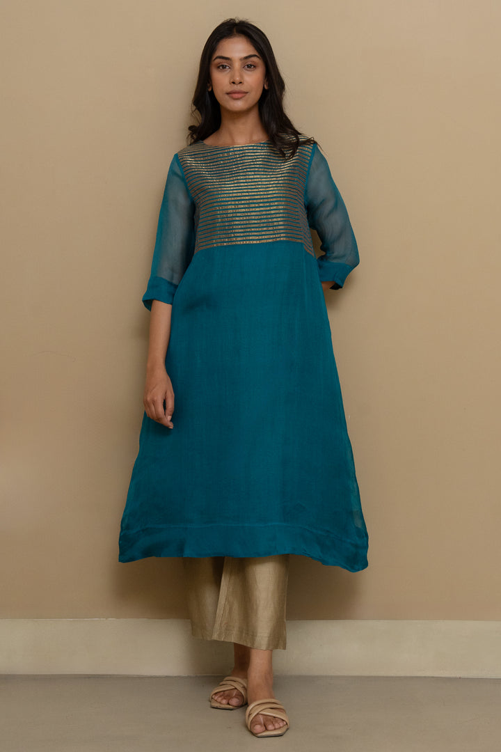 Teal Gold Organza Kurta