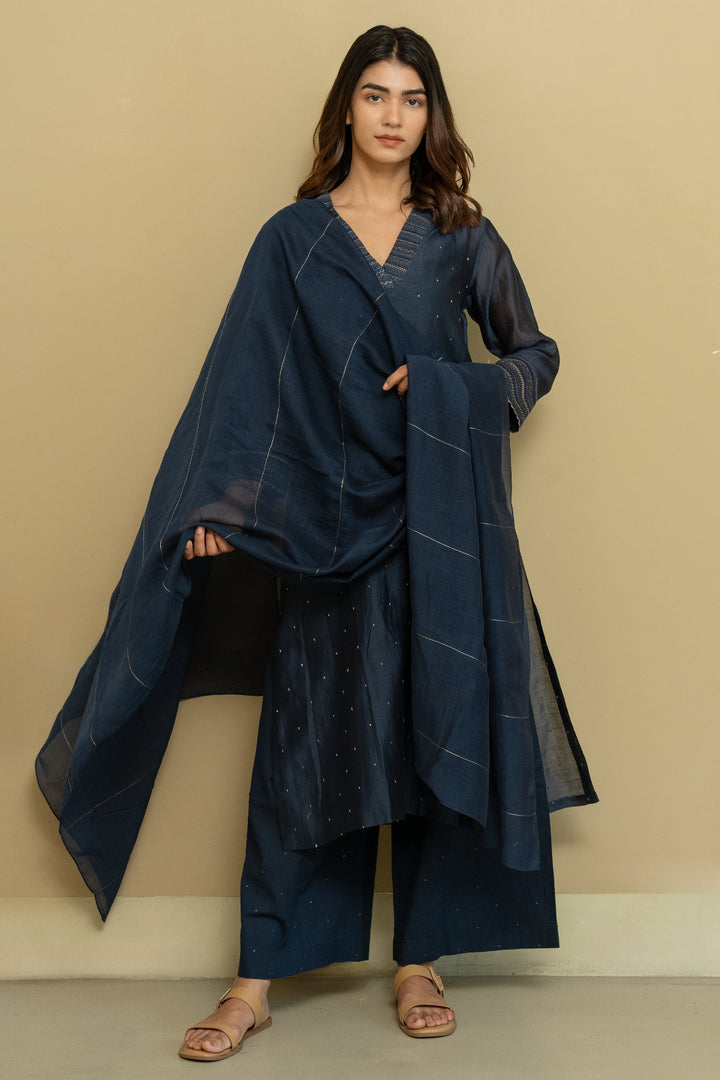 Prussian Blue Embroidered Chanderi Kurta Set