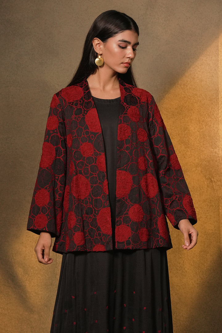 Black Cotton Dress with Patch Embroidered Cotton Silk Jacket