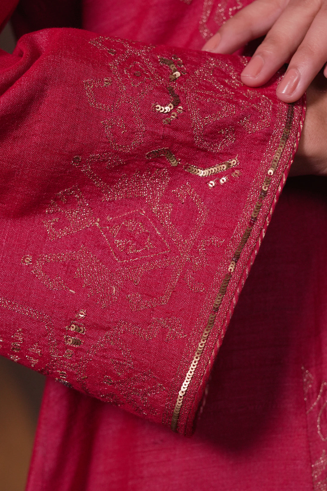 Hot Pink Hand Embroidered Silk Kurta with Organza Dupatta