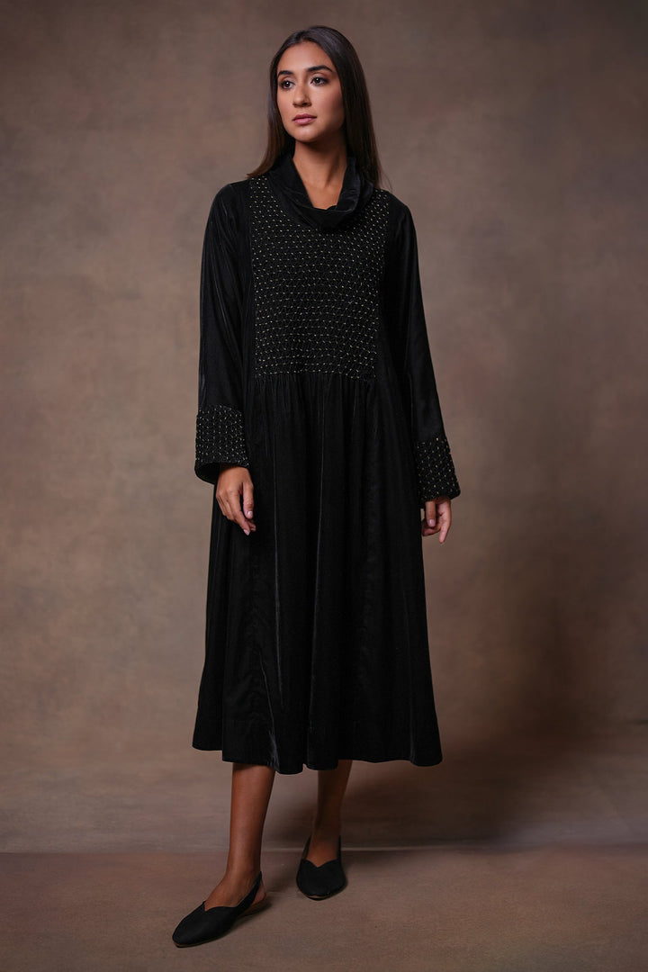 Black Hand Embroidered Velvet Dress