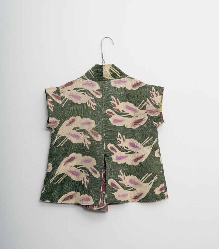 Green Vintage Cotton Kantha Jacket For Kids