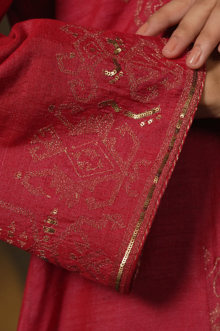 Hot Pink Hand Embroidered Silk Kurta with Organza Dupatta